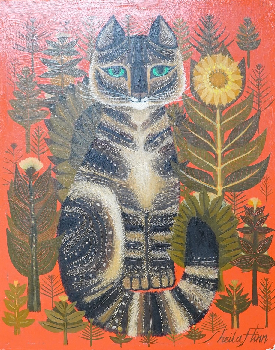 Sheila Flinn (b.1929), Abstract study of a cat amongst flowers, signed, oil on canvas board, unframed, 25 x 20cm